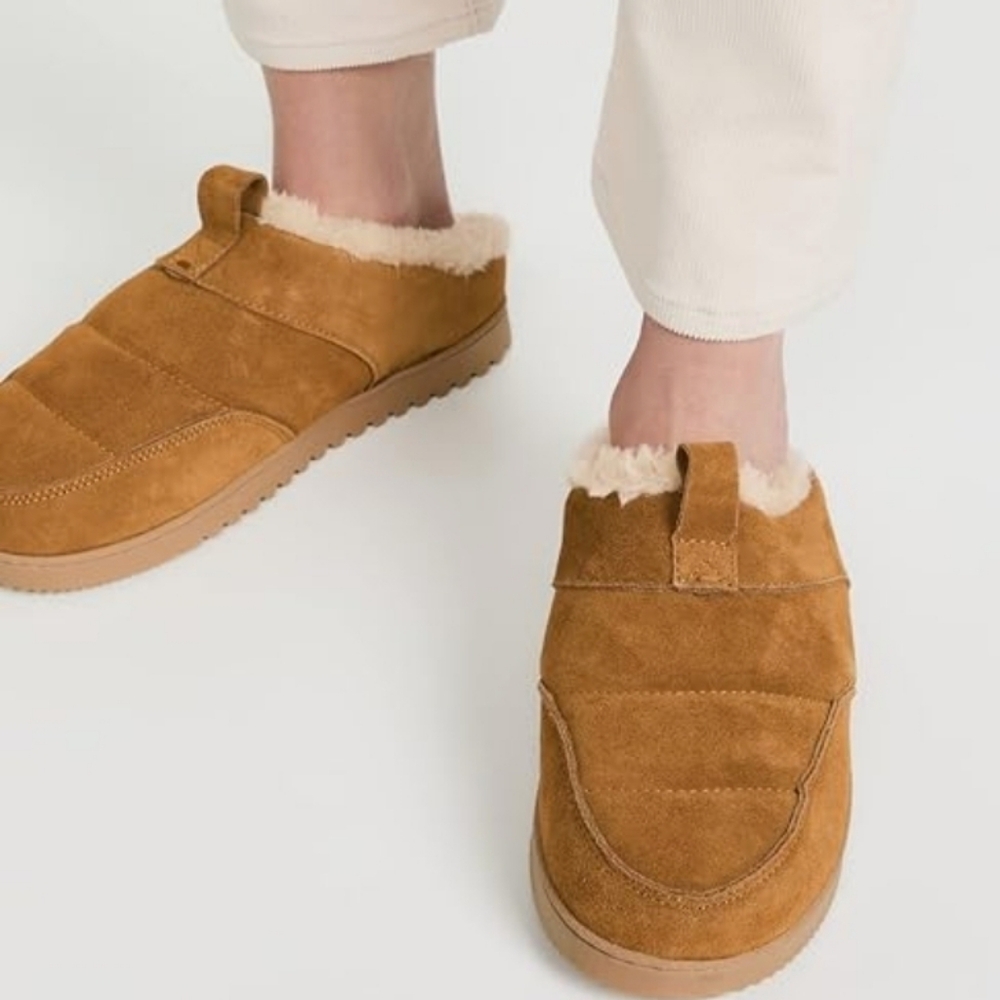 Madewell Suede Scuff Slipper Slides Tan Suede Leather Faux Fur Lined‎ Women's 9